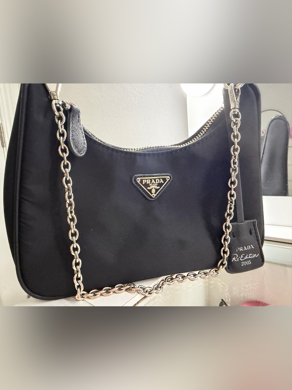 Prada Black Chain-Shoulder Nylon Bag with Gold Logo